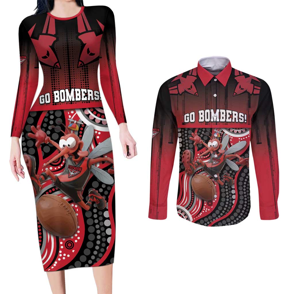 Custom Essendon Go Bombers Couples Matching Long Sleeve Bodycon Dress and Long Sleeve Button Shirt Don The Sash