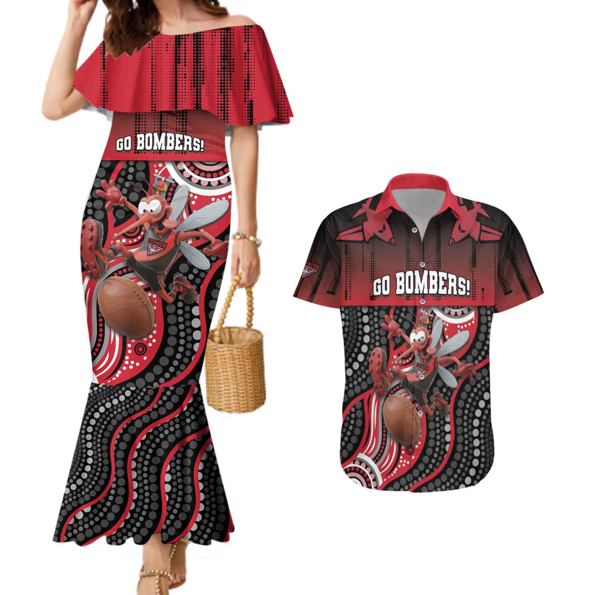 Custom Essendon Go Bombers Couples Matching Mermaid Dress and Hawaiian Shirt Don The Sash