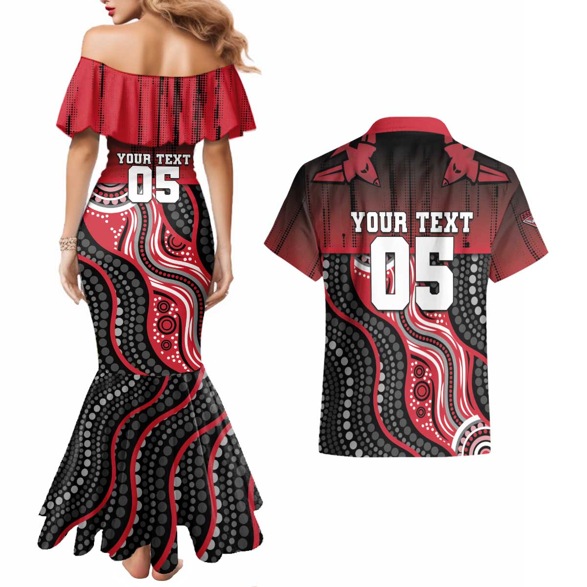Custom Essendon Go Bombers Couples Matching Mermaid Dress and Hawaiian Shirt Don The Sash