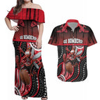 Custom Essendon Go Bombers Couples Matching Off Shoulder Maxi Dress and Hawaiian Shirt Don The Sash