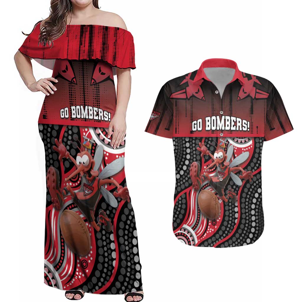 Custom Essendon Go Bombers Couples Matching Off Shoulder Maxi Dress and Hawaiian Shirt Don The Sash