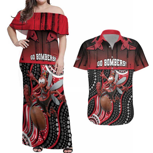 Custom Essendon Go Bombers Couples Matching Off Shoulder Maxi Dress and Hawaiian Shirt Don The Sash