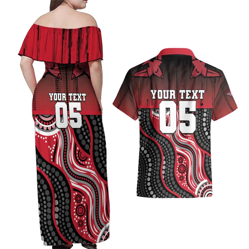 Custom Essendon Go Bombers Couples Matching Off Shoulder Maxi Dress and Hawaiian Shirt Don The Sash