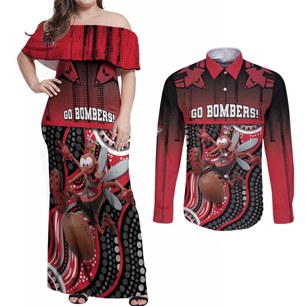 Custom Essendon Go Bombers Couples Matching Off Shoulder Maxi Dress and Long Sleeve Button Shirt Don The Sash