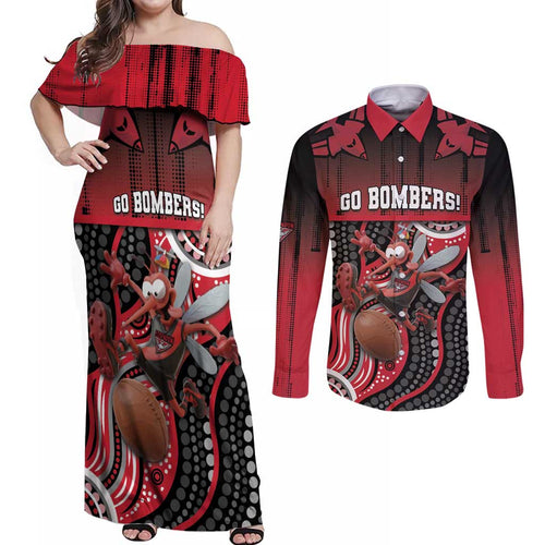 Custom Essendon Go Bombers Couples Matching Off Shoulder Maxi Dress and Long Sleeve Button Shirt Don The Sash
