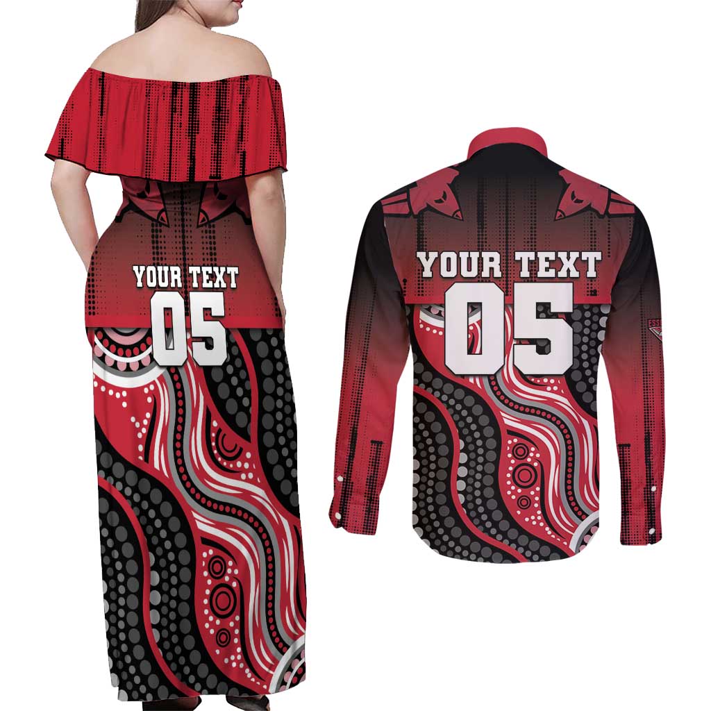 Custom Essendon Go Bombers Couples Matching Off Shoulder Maxi Dress and Long Sleeve Button Shirt Don The Sash