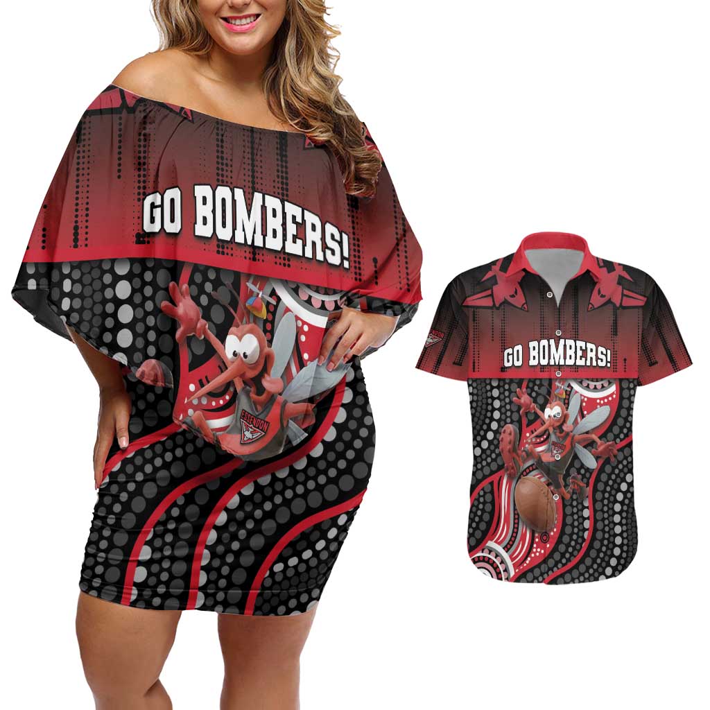 Custom Essendon Go Bombers Couples Matching Off Shoulder Short Dress and Hawaiian Shirt Don The Sash