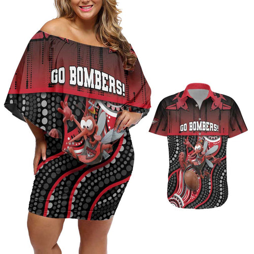 Custom Essendon Go Bombers Couples Matching Off Shoulder Short Dress and Hawaiian Shirt Don The Sash