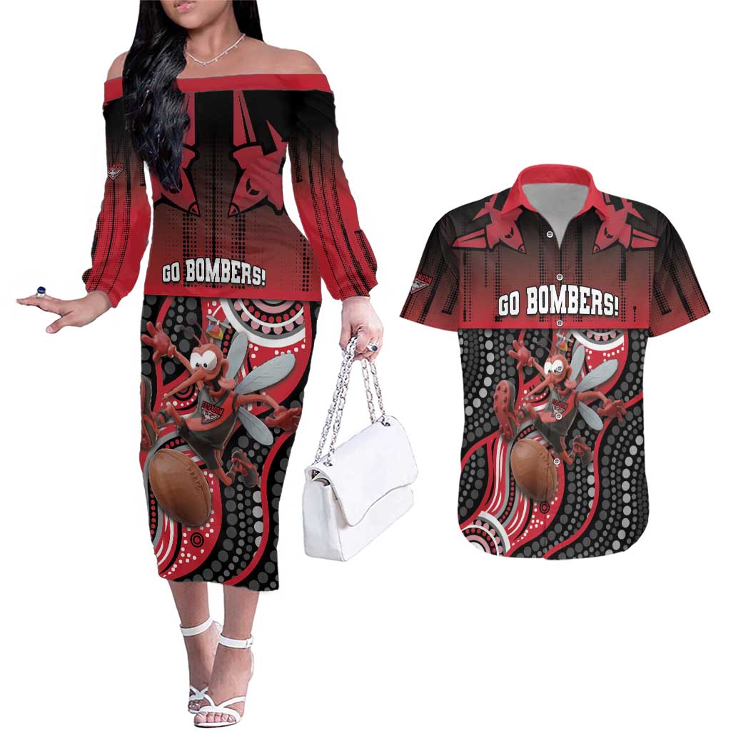 Custom Essendon Go Bombers Couples Matching Off The Shoulder Long Sleeve Dress and Hawaiian Shirt Don The Sash