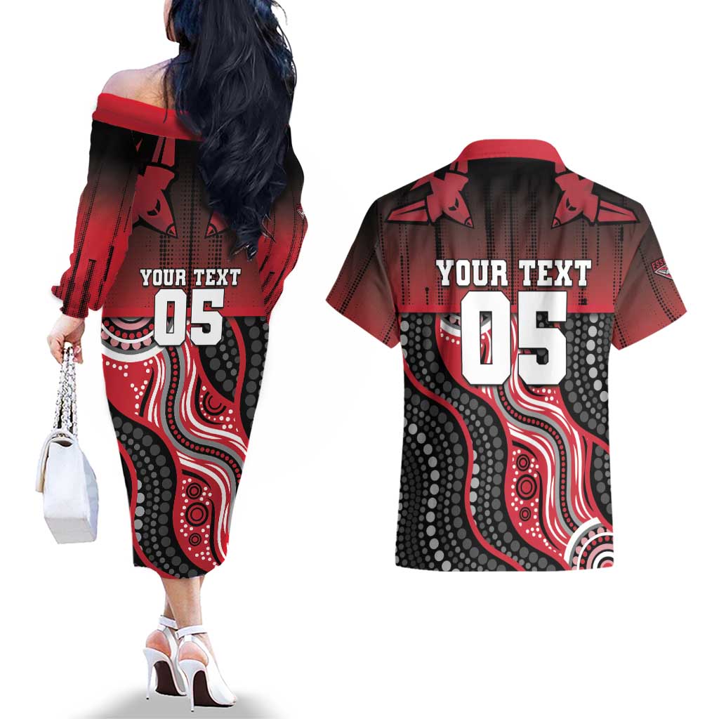 Custom Essendon Go Bombers Couples Matching Off The Shoulder Long Sleeve Dress and Hawaiian Shirt Don The Sash