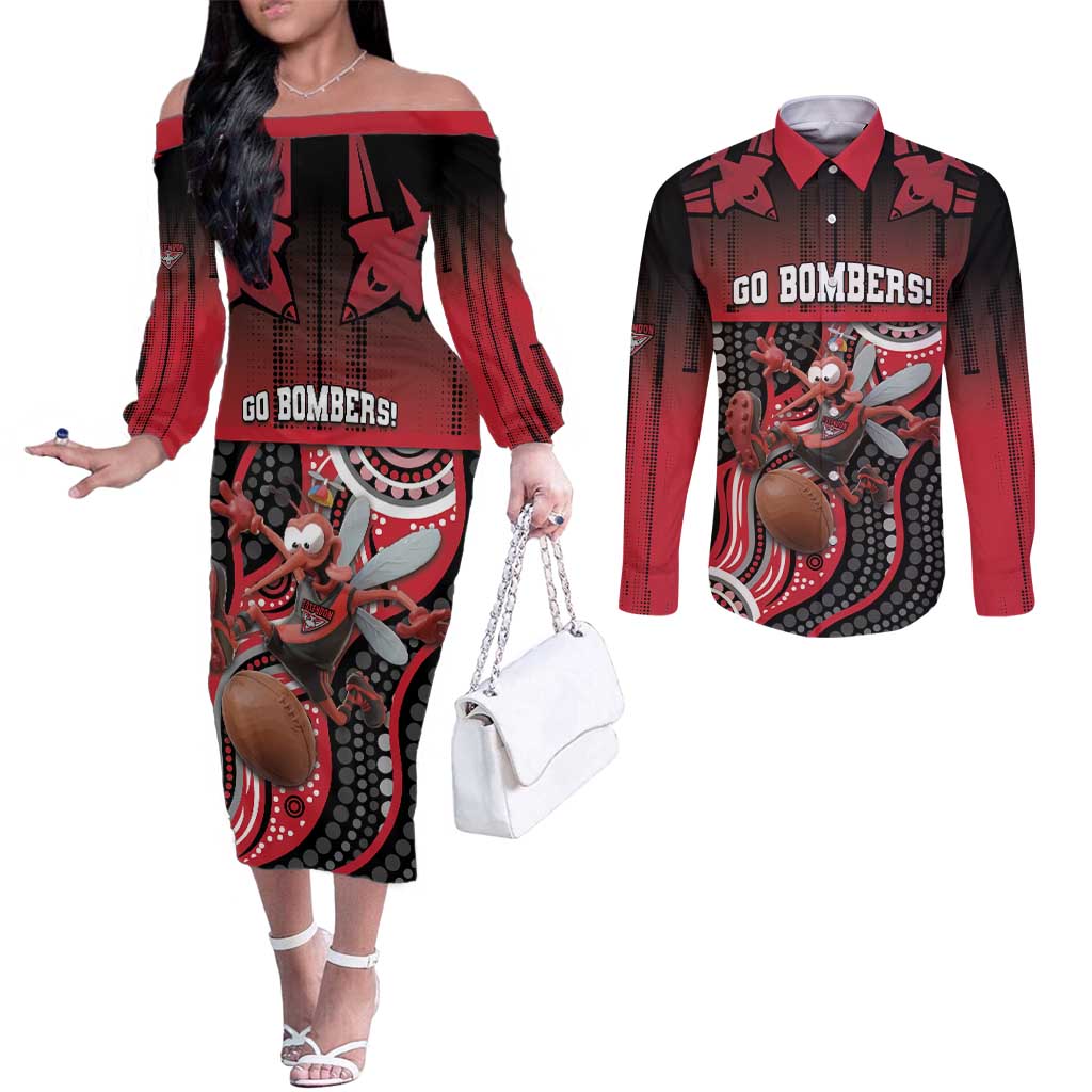 Custom Essendon Go Bombers Couples Matching Off The Shoulder Long Sleeve Dress and Long Sleeve Button Shirt Don The Sash