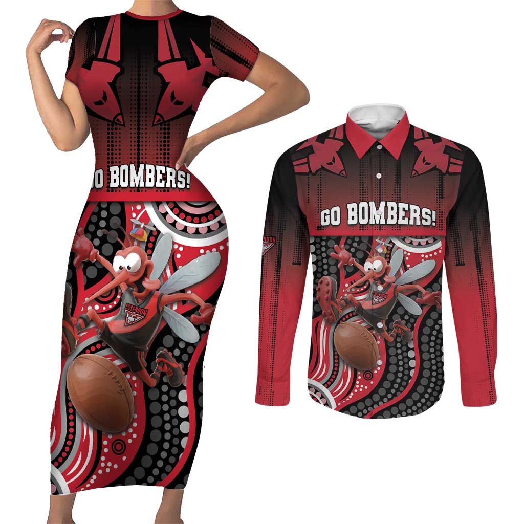 Custom Essendon Go Bombers Couples Matching Short Sleeve Bodycon Dress and Long Sleeve Button Shirt Don The Sash