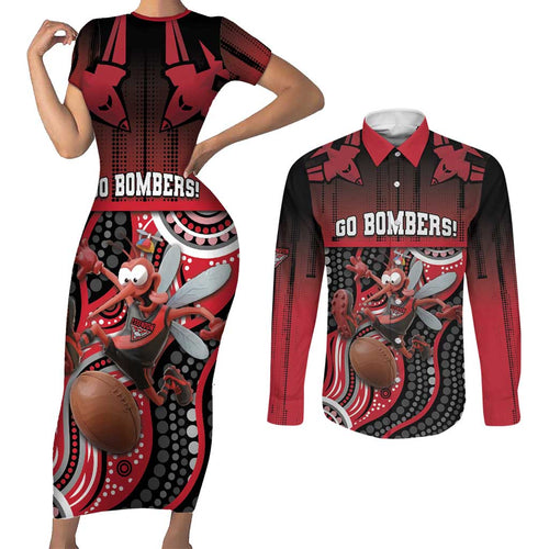 Custom Essendon Go Bombers Couples Matching Short Sleeve Bodycon Dress and Long Sleeve Button Shirt Don The Sash