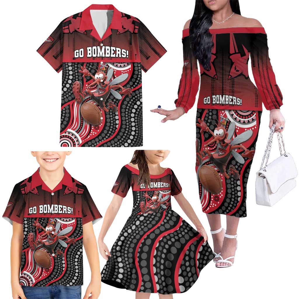 Custom Essendon Go Bombers Family Matching Off The Shoulder Long Sleeve Dress and Hawaiian Shirt Don The Sash