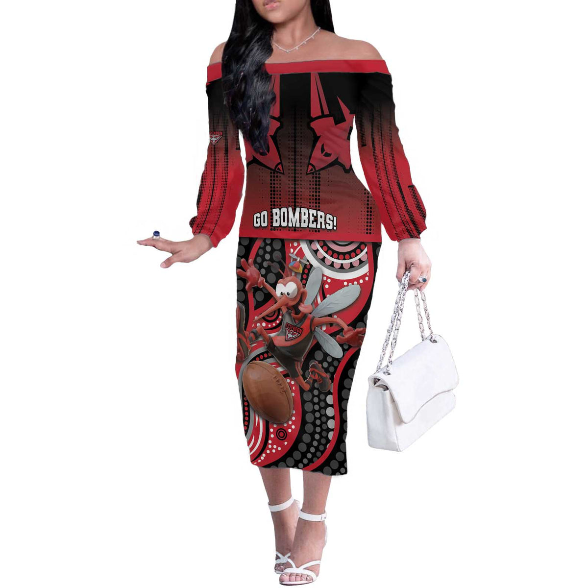 Custom Essendon Go Bombers Off The Shoulder Long Sleeve Dress Don The Sash