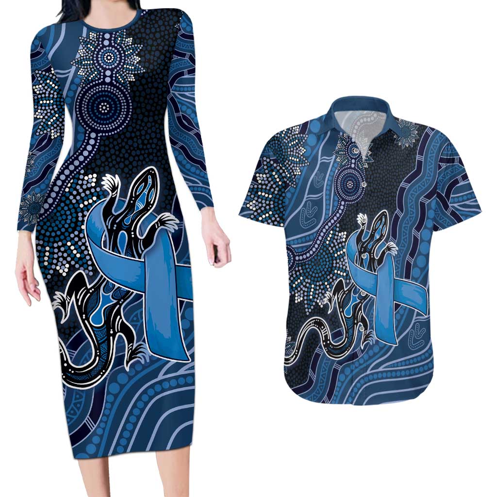 Personalised Autism Awareness Couples Matching Long Sleeve Bodycon Dress and Hawaiian Shirt Hope Ribbon And Aboriginal Patterns