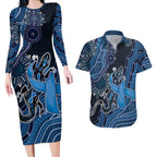 Personalised Autism Awareness Couples Matching Long Sleeve Bodycon Dress and Hawaiian Shirt Hope Ribbon And Aboriginal Patterns