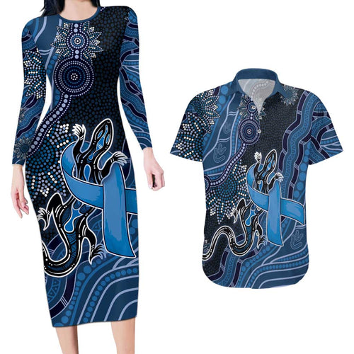 Personalised Autism Awareness Couples Matching Long Sleeve Bodycon Dress and Hawaiian Shirt Hope Ribbon And Aboriginal Patterns