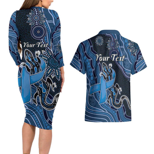 Personalised Autism Awareness Couples Matching Long Sleeve Bodycon Dress and Hawaiian Shirt Hope Ribbon And Aboriginal Patterns
