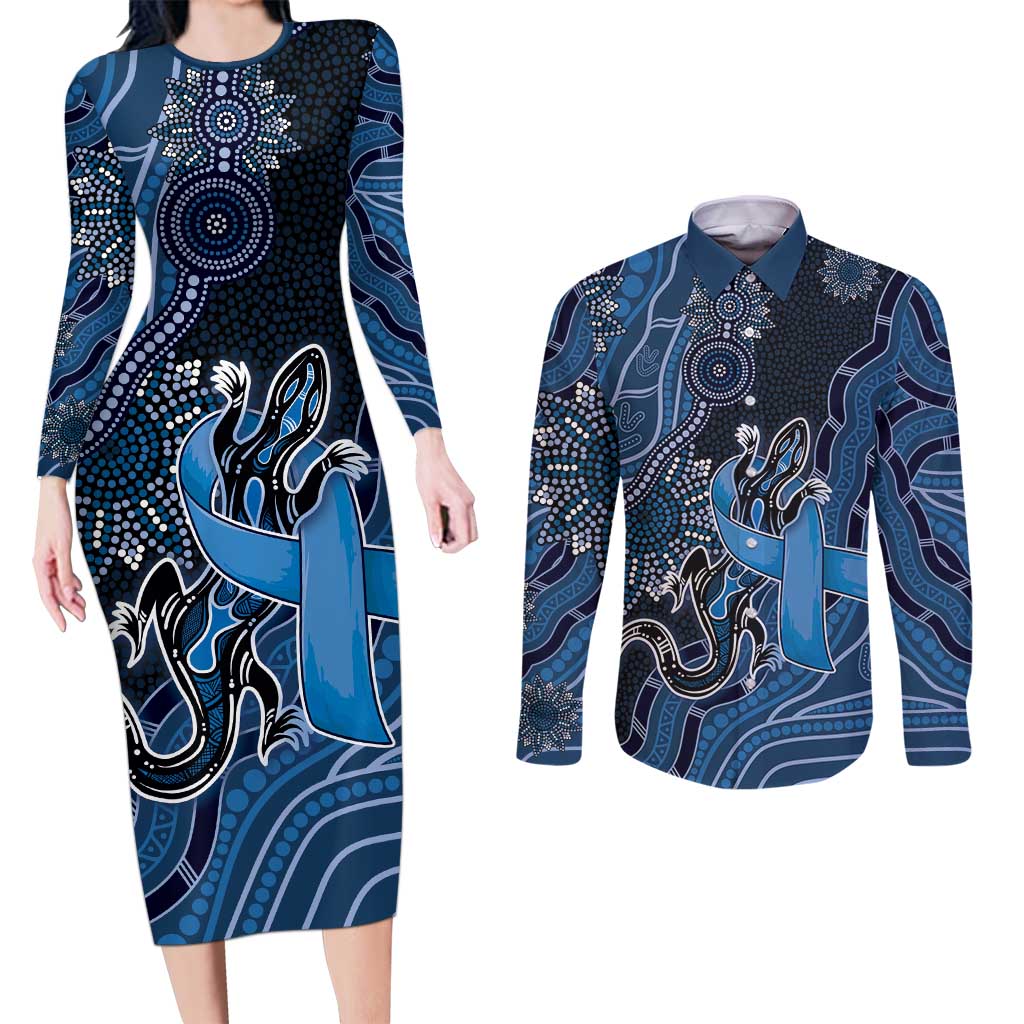 Personalised Autism Awareness Couples Matching Long Sleeve Bodycon Dress and Long Sleeve Button Shirt Hope Ribbon And Aboriginal Patterns