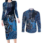 Personalised Autism Awareness Couples Matching Long Sleeve Bodycon Dress and Long Sleeve Button Shirt Hope Ribbon And Aboriginal Patterns