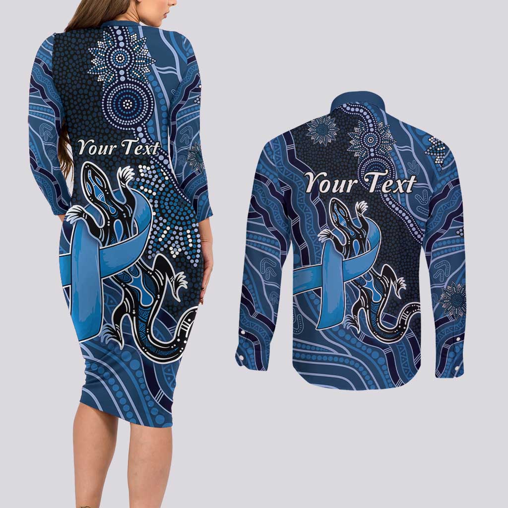 Personalised Autism Awareness Couples Matching Long Sleeve Bodycon Dress and Long Sleeve Button Shirt Hope Ribbon And Aboriginal Patterns