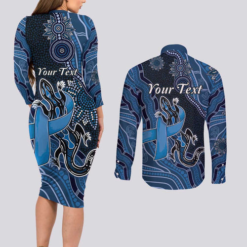 Personalised Autism Awareness Couples Matching Long Sleeve Bodycon Dress and Long Sleeve Button Shirt Hope Ribbon And Aboriginal Patterns