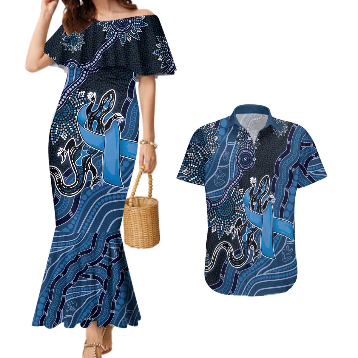 Personalised Autism Awareness Couples Matching Mermaid Dress and Hawaiian Shirt Hope Ribbon And Aboriginal Patterns