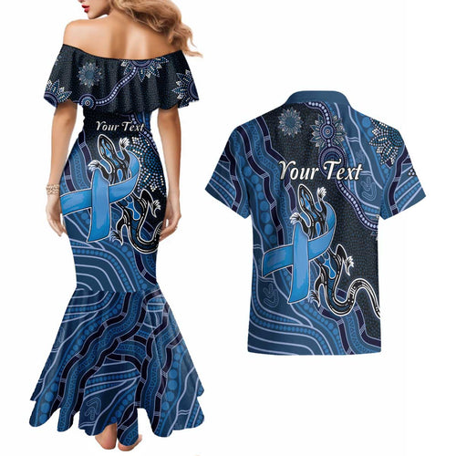 Personalised Autism Awareness Couples Matching Mermaid Dress and Hawaiian Shirt Hope Ribbon And Aboriginal Patterns