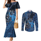 Personalised Autism Awareness Couples Matching Mermaid Dress and Long Sleeve Button Shirt Hope Ribbon And Aboriginal Patterns