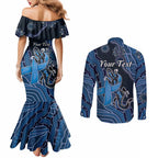 Personalised Autism Awareness Couples Matching Mermaid Dress and Long Sleeve Button Shirt Hope Ribbon And Aboriginal Patterns