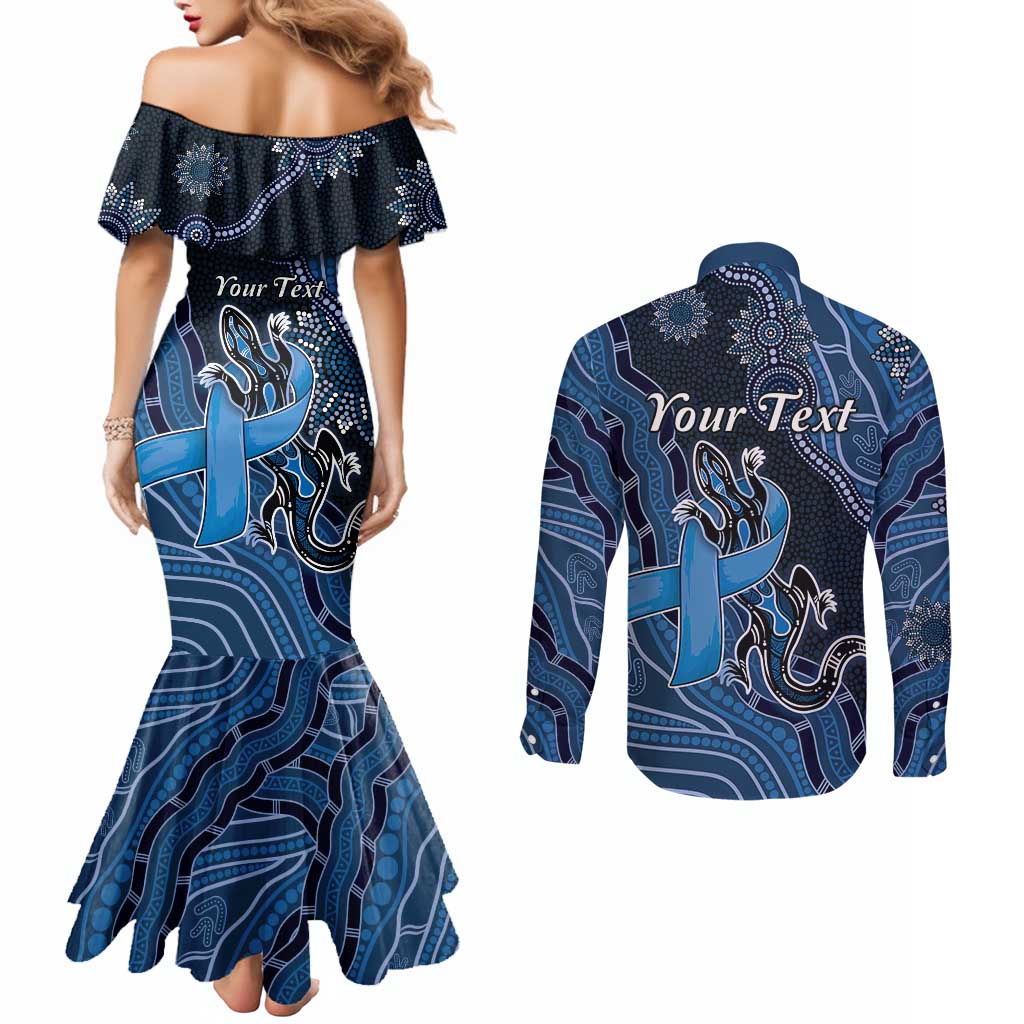 Personalised Autism Awareness Couples Matching Mermaid Dress and Long Sleeve Button Shirt Hope Ribbon And Aboriginal Patterns