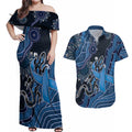 Personalised Autism Awareness Couples Matching Off Shoulder Maxi Dress and Hawaiian Shirt Hope Ribbon And Aboriginal Patterns