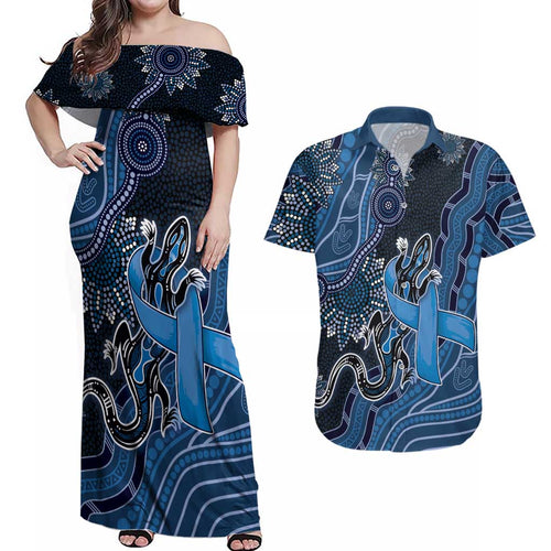 Personalised Autism Awareness Couples Matching Off Shoulder Maxi Dress and Hawaiian Shirt Hope Ribbon And Aboriginal Patterns