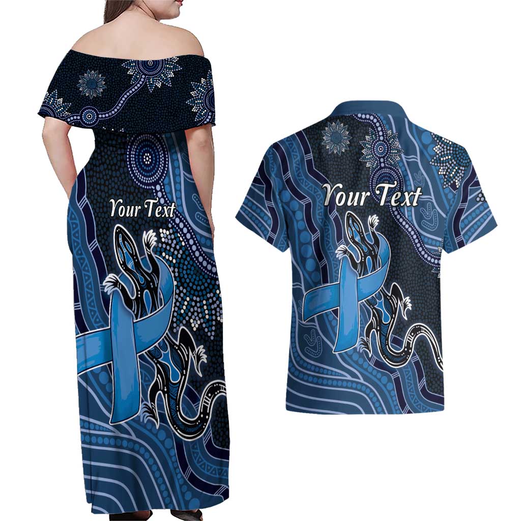 Personalised Autism Awareness Couples Matching Off Shoulder Maxi Dress and Hawaiian Shirt Hope Ribbon And Aboriginal Patterns