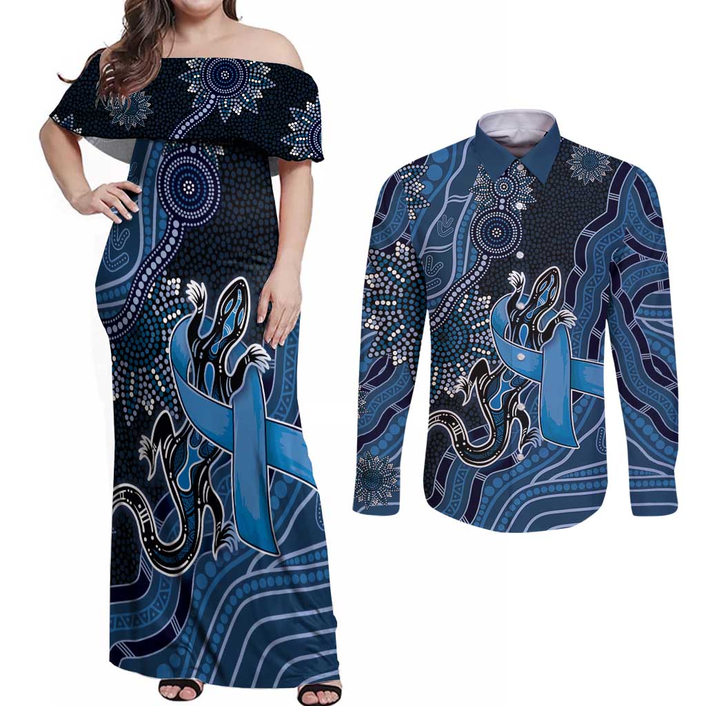 Personalised Autism Awareness Couples Matching Off Shoulder Maxi Dress and Long Sleeve Button Shirt Hope Ribbon And Aboriginal Patterns