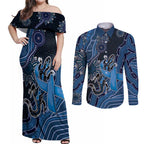 Personalised Autism Awareness Couples Matching Off Shoulder Maxi Dress and Long Sleeve Button Shirt Hope Ribbon And Aboriginal Patterns