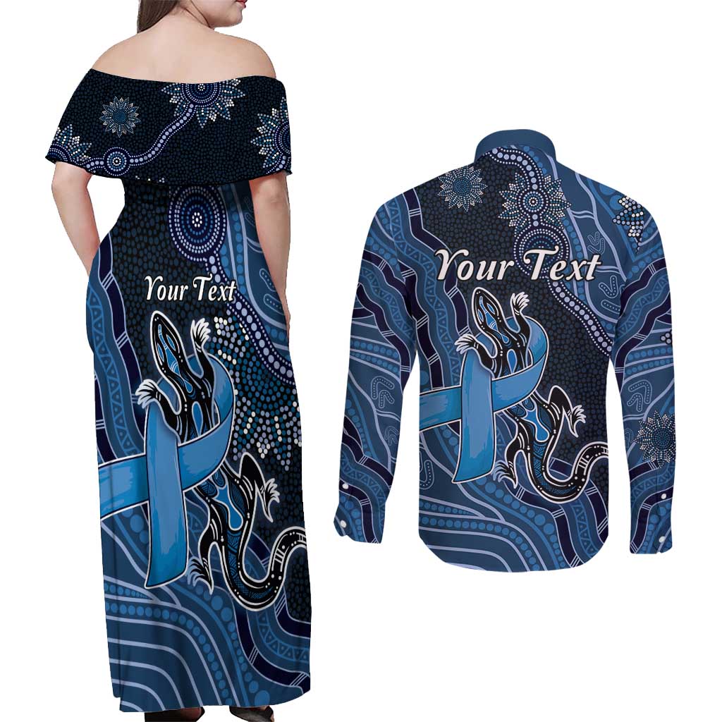 Personalised Autism Awareness Couples Matching Off Shoulder Maxi Dress and Long Sleeve Button Shirt Hope Ribbon And Aboriginal Patterns