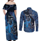 Personalised Autism Awareness Couples Matching Off Shoulder Maxi Dress and Long Sleeve Button Shirt Hope Ribbon And Aboriginal Patterns