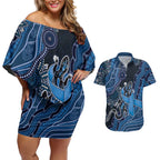 Personalised Autism Awareness Couples Matching Off Shoulder Short Dress and Hawaiian Shirt Hope Ribbon And Aboriginal Patterns