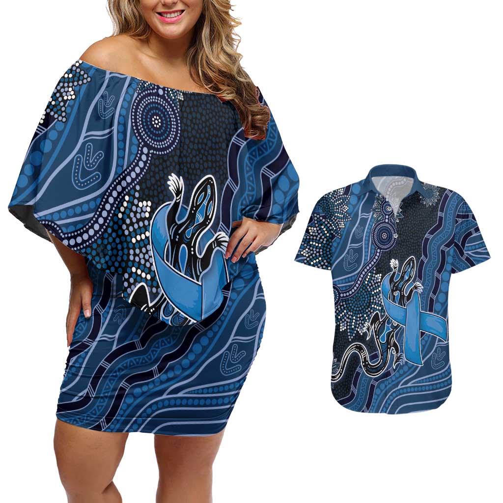 Personalised Autism Awareness Couples Matching Off Shoulder Short Dress and Hawaiian Shirt Hope Ribbon And Aboriginal Patterns