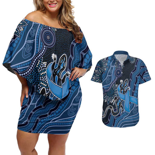 Personalised Autism Awareness Couples Matching Off Shoulder Short Dress and Hawaiian Shirt Hope Ribbon And Aboriginal Patterns