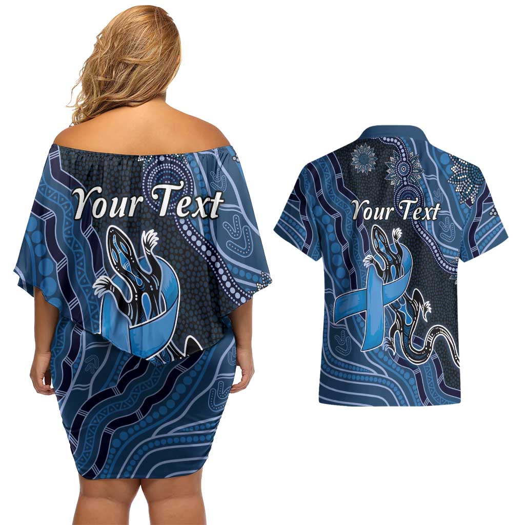 Personalised Autism Awareness Couples Matching Off Shoulder Short Dress and Hawaiian Shirt Hope Ribbon And Aboriginal Patterns