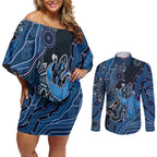Personalised Autism Awareness Couples Matching Off Shoulder Short Dress and Long Sleeve Button Shirt Hope Ribbon And Aboriginal Patterns