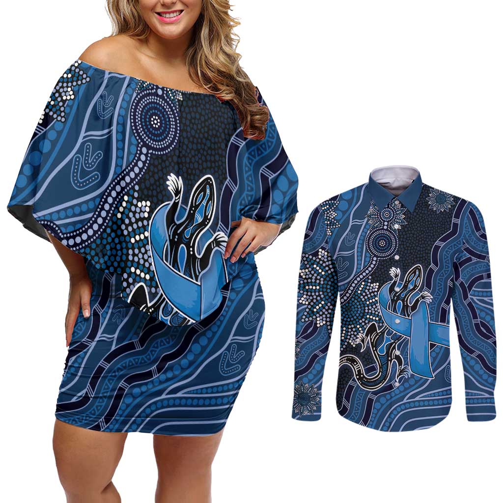Personalised Autism Awareness Couples Matching Off Shoulder Short Dress and Long Sleeve Button Shirt Hope Ribbon And Aboriginal Patterns