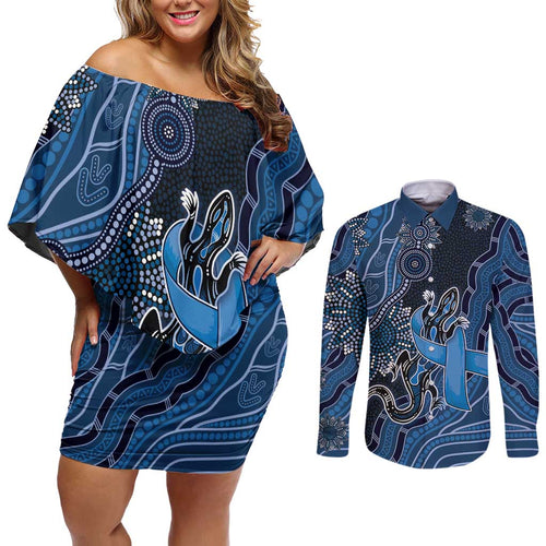 Personalised Autism Awareness Couples Matching Off Shoulder Short Dress and Long Sleeve Button Shirt Hope Ribbon And Aboriginal Patterns