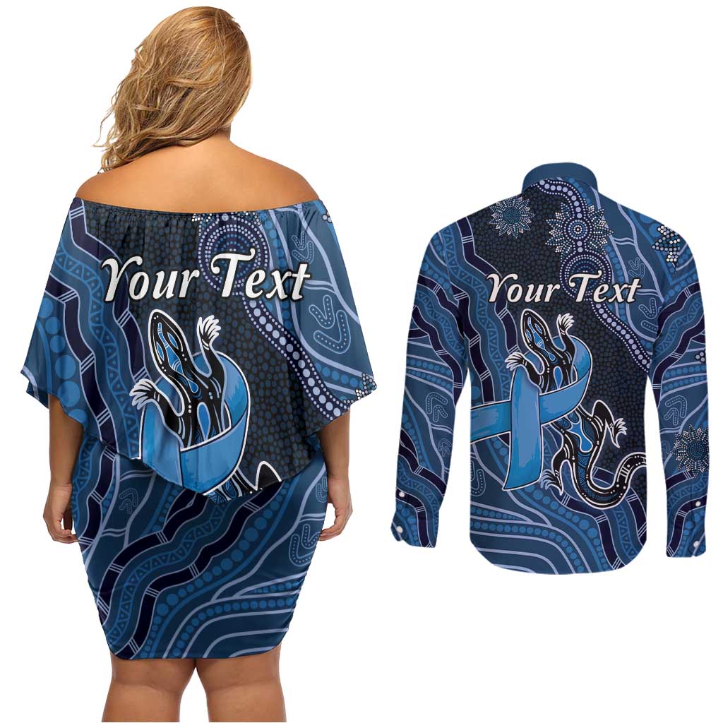 Personalised Autism Awareness Couples Matching Off Shoulder Short Dress and Long Sleeve Button Shirt Hope Ribbon And Aboriginal Patterns