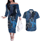 Personalised Autism Awareness Couples Matching Off The Shoulder Long Sleeve Dress and Hawaiian Shirt Hope Ribbon And Aboriginal Patterns