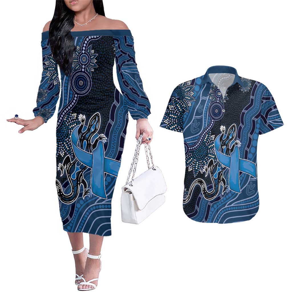 Personalised Autism Awareness Couples Matching Off The Shoulder Long Sleeve Dress and Hawaiian Shirt Hope Ribbon And Aboriginal Patterns