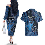 Personalised Autism Awareness Couples Matching Off The Shoulder Long Sleeve Dress and Hawaiian Shirt Hope Ribbon And Aboriginal Patterns